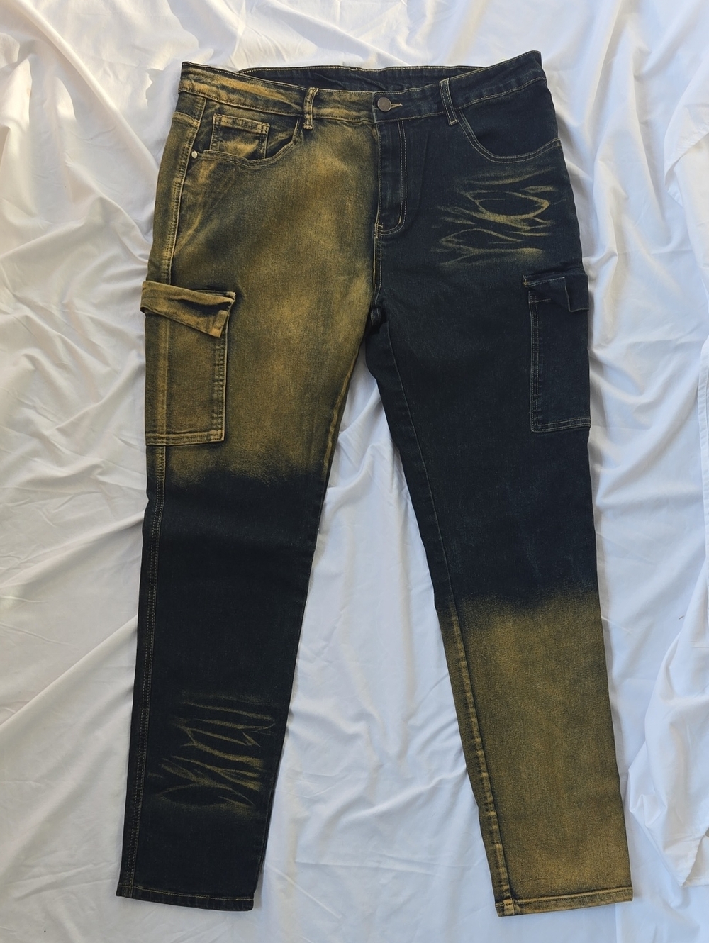 Men's 2 Tone Navy Blue & Yellow/Gold Front/Back Cargo Jeans Interesting Pattern
